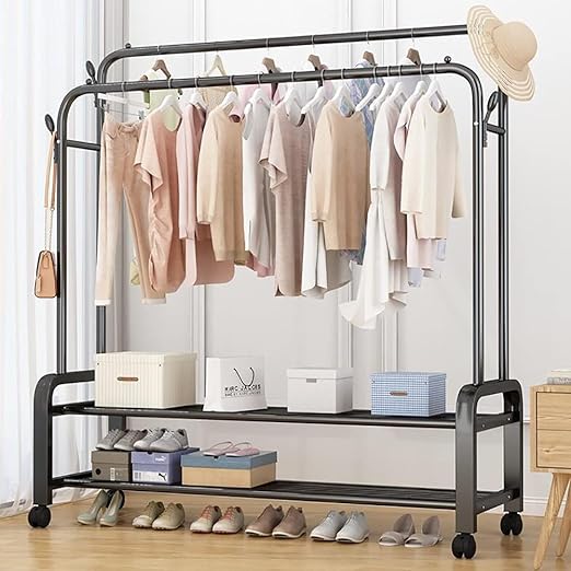 Multi-Purpose Clothes Hanger Rack with Wheels and Two-Layer Storage Stand