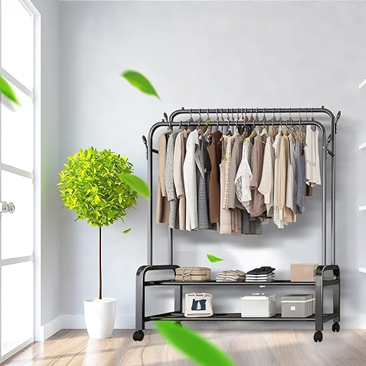 Multi-Purpose Clothes Hanger Rack with Wheels and Two-Layer Storage Stand