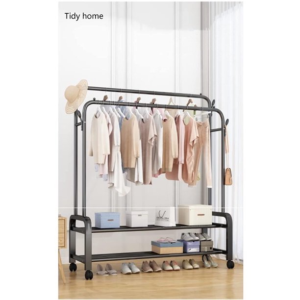 Multi-Purpose Clothes Hanger Rack with Wheels and Two-Layer Storage Stand