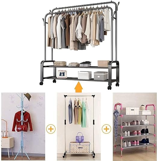 Multi-Purpose Clothes Hanger Rack with Wheels and Two-Layer Storage Stand