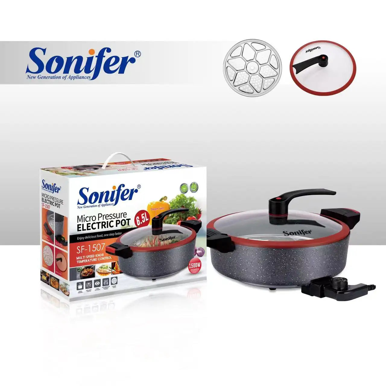 Sonifer 6.5L Micro Pressure Electric Cooking Pot - Quick Cook, Non-Stick, Adjustable Temperature with Steaming Rack