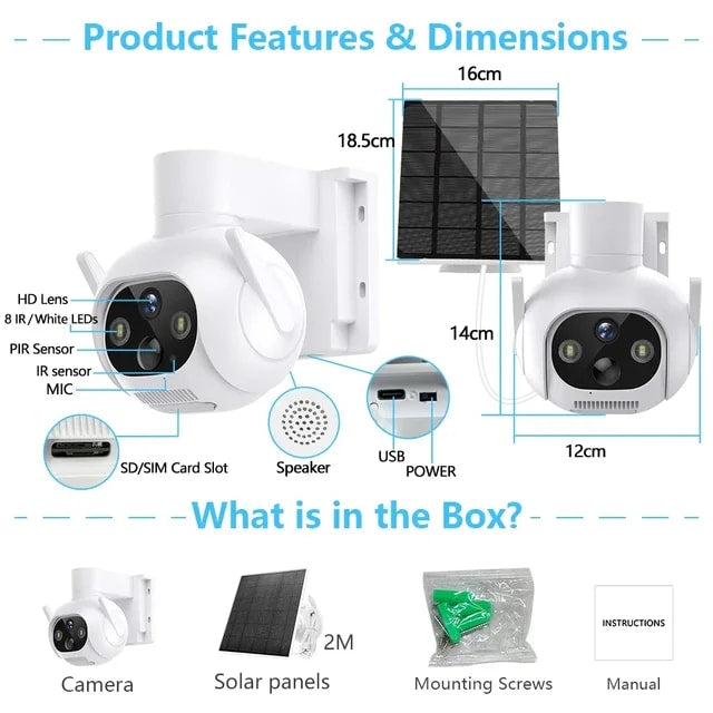 Smart 4MP Solar-Powered 360° Outdoor FHD 4G Alarm Camera with PTZ Control & Smart Tracking