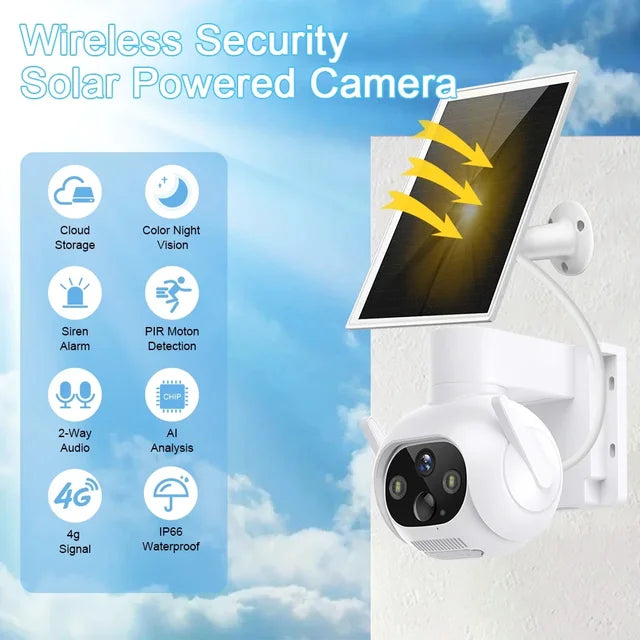 Smart 4MP Solar-Powered 360° Outdoor FHD 4G Alarm Camera with PTZ Control & Smart Tracking