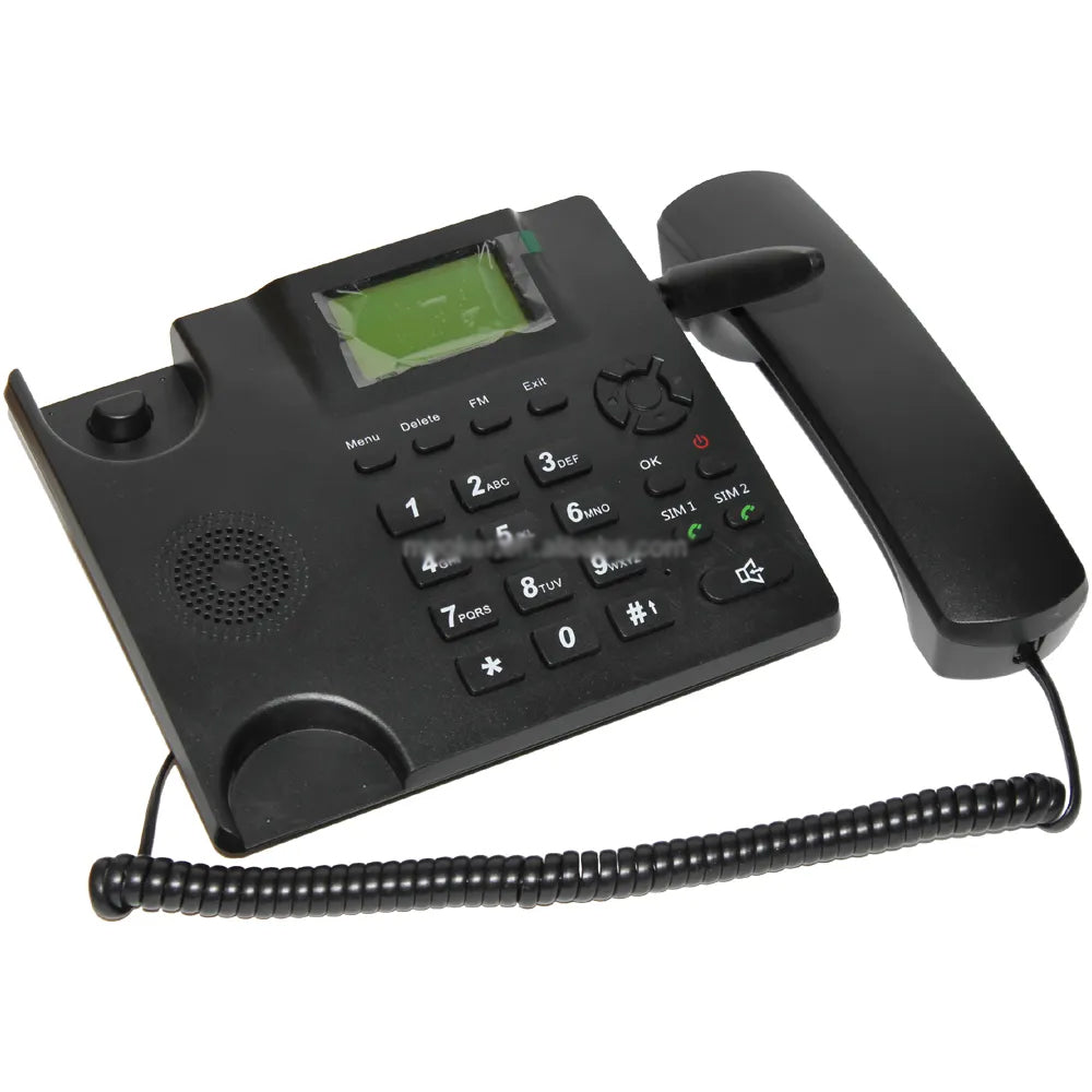 Wireless Quadband GSM Desk Phone with Dual SIM Slots, FM Radio, MP3, and SMS Capabilities