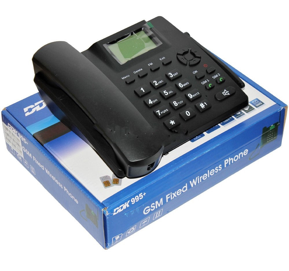 Wireless Quadband GSM Desk Phone with Dual SIM Slots, FM Radio, MP3, and SMS Capabilities
