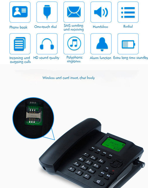 Wireless Quadband GSM Desk Phone with Dual SIM Slots, FM Radio, MP3, and SMS Capabilities