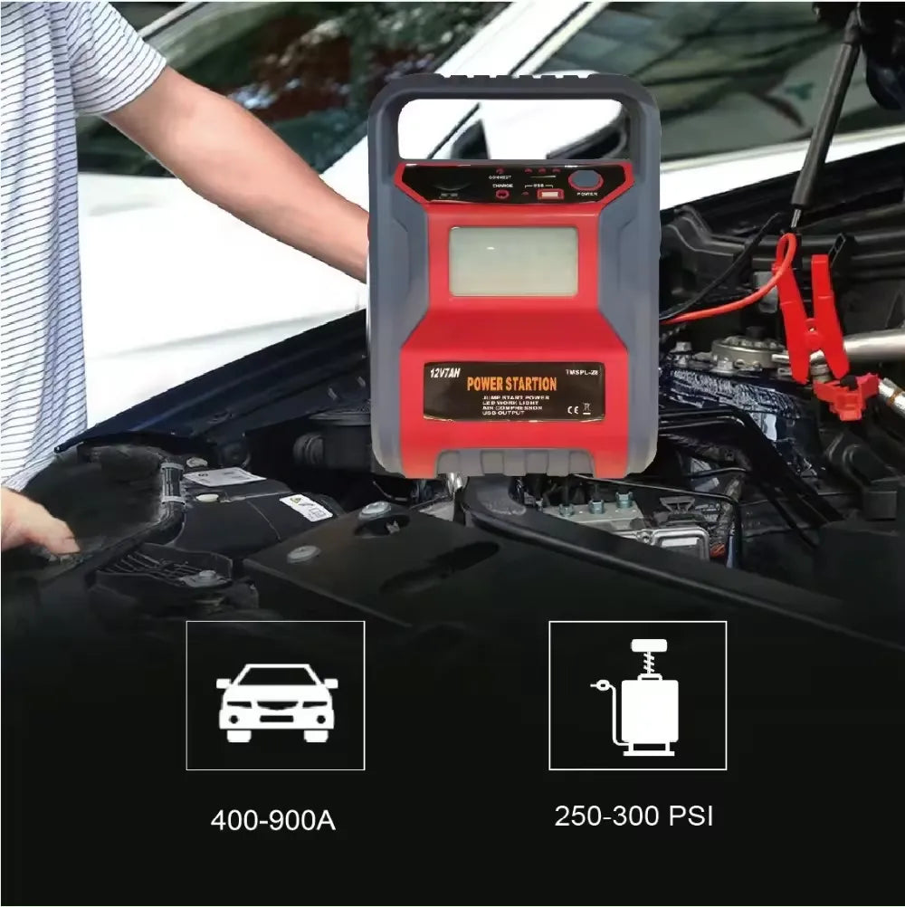 5-in-1 12V Jump Starter Power Bank & Air Compressor Pump with USB Output & Emergency Light - 9,000 mAh