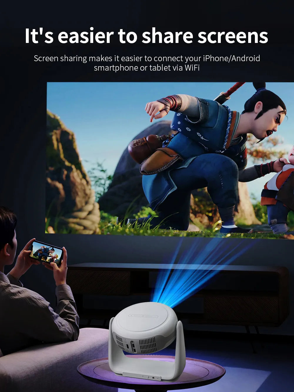 Wireless 260° Rotatable HD Portable Smart Projector with 4K Decoding with Android 11.0, WiFi, Bluetooth, Lamp Lighting & Bracket Rotation