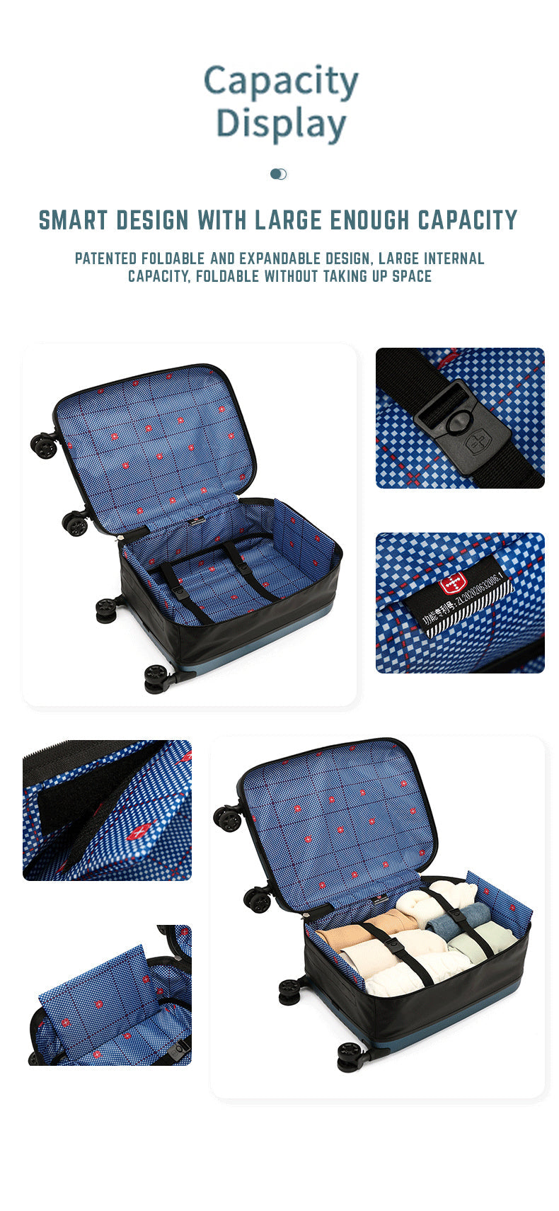 Foldable & Expandable Travel Luggage Bag with 360° Spinner Wheels & Numeric Padlock - 20 Inch Size