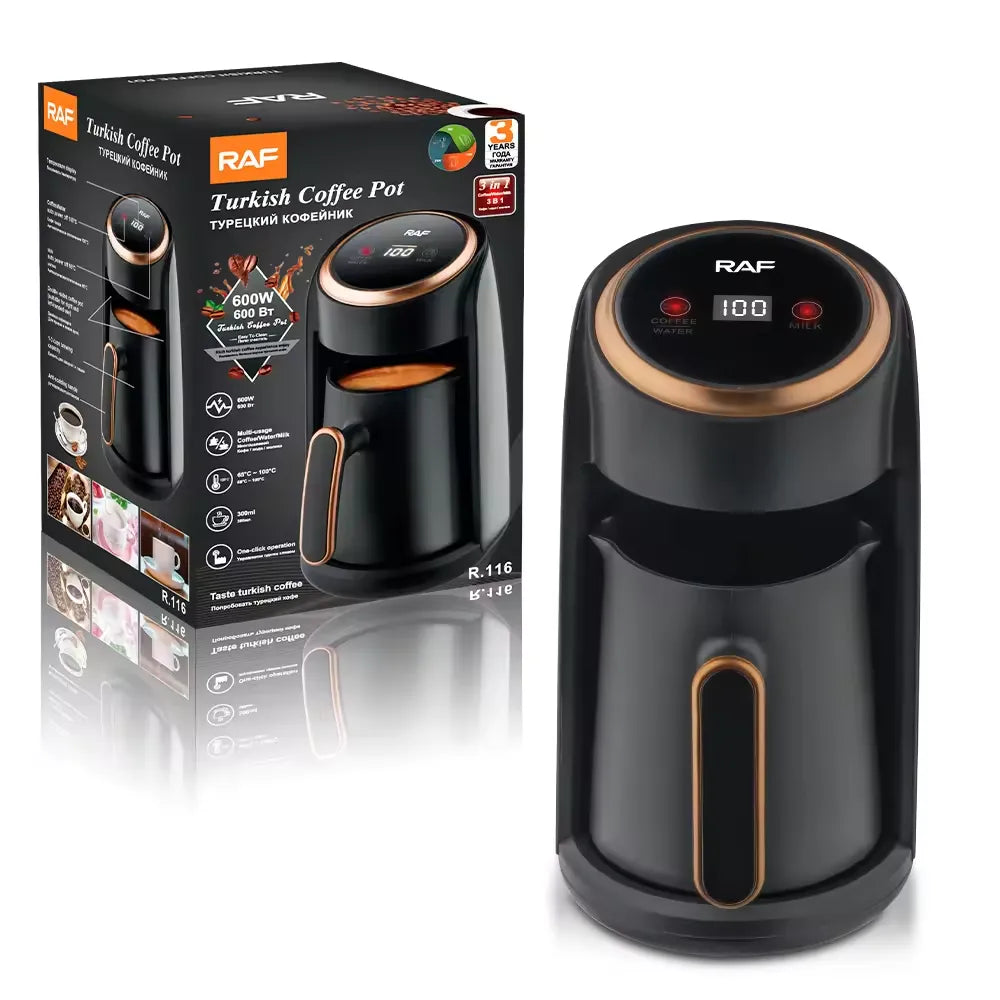 RAF Electric Turkish Coffee Maker with Digital Temperature Display, 3-in-1 Portable Coffee, Water, and Milk Heating Pot, 300ml, 600W