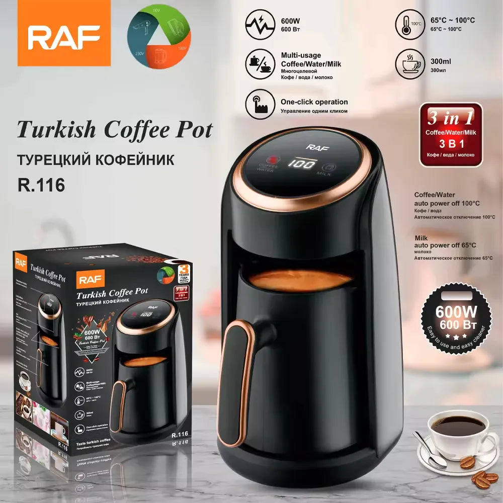 RAF Electric Turkish Coffee Maker with Digital Temperature Display, 3-in-1 Portable Coffee, Water, and Milk Heating Pot, 300ml, 600W
