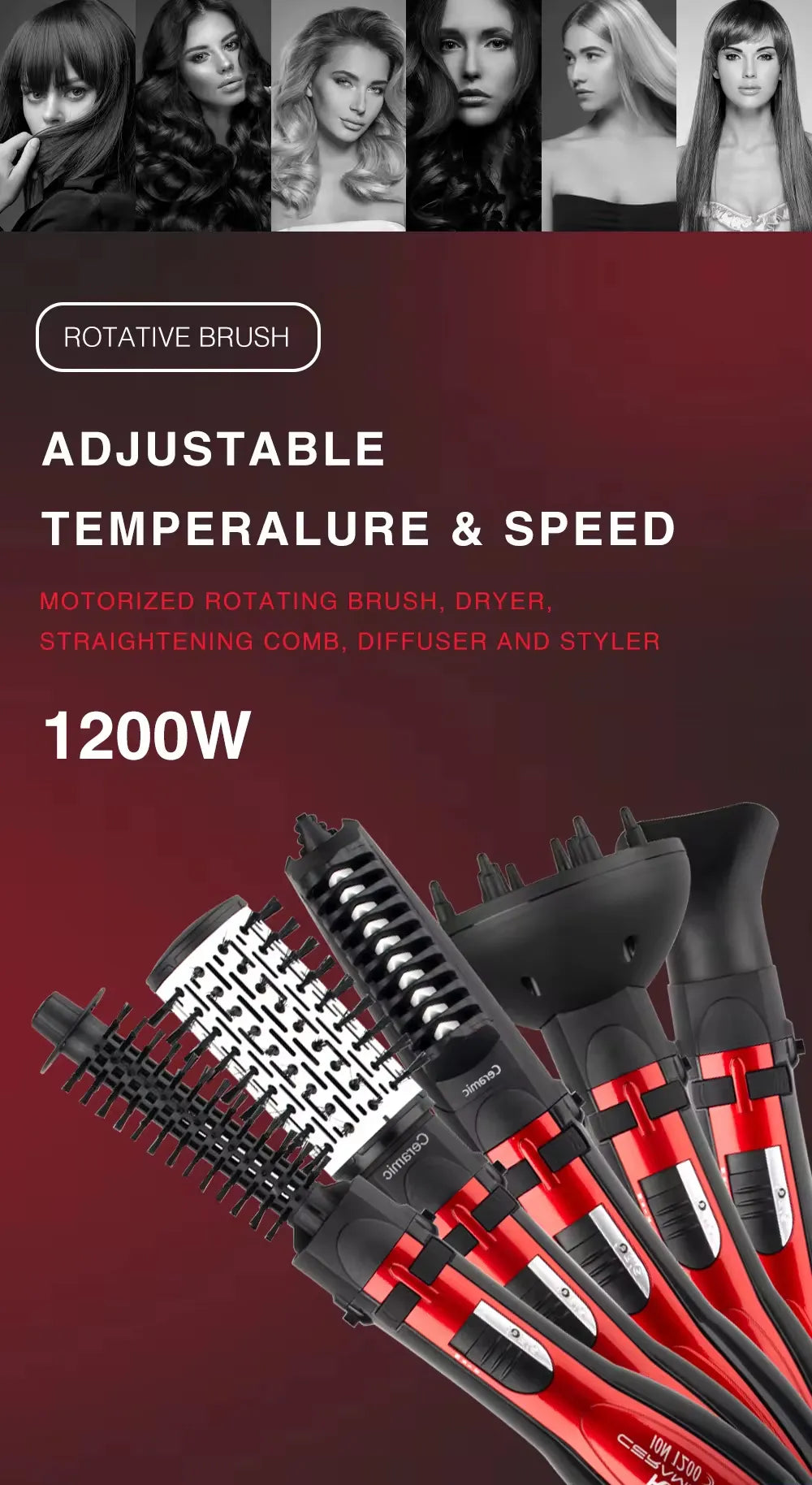RAF 5-in-1 Multi-Functional Rotative Hair Styling Brush with Hot Air Comb, Straightener, Curler & Volumizer & Diffuser - 1200W