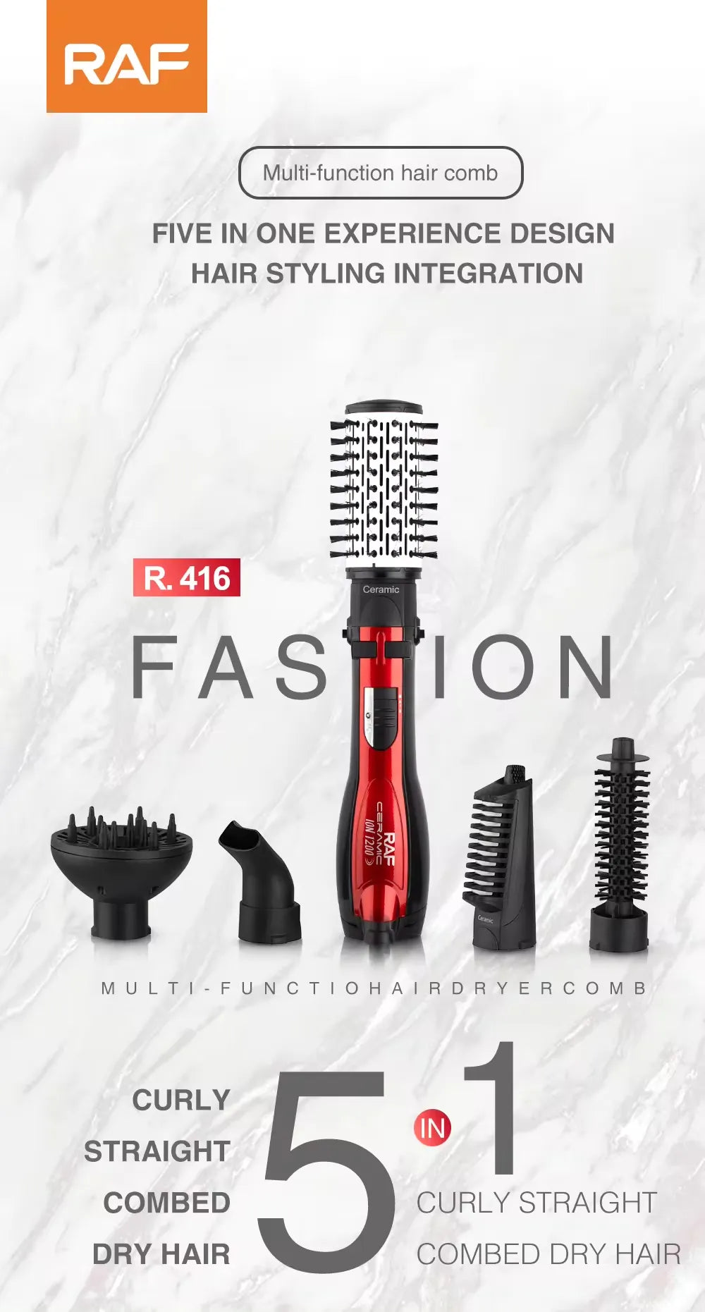 RAF 5-in-1 Multi-Functional Rotative Hair Styling Brush with Hot Air Comb, Straightener, Curler & Volumizer & Diffuser - 1200W