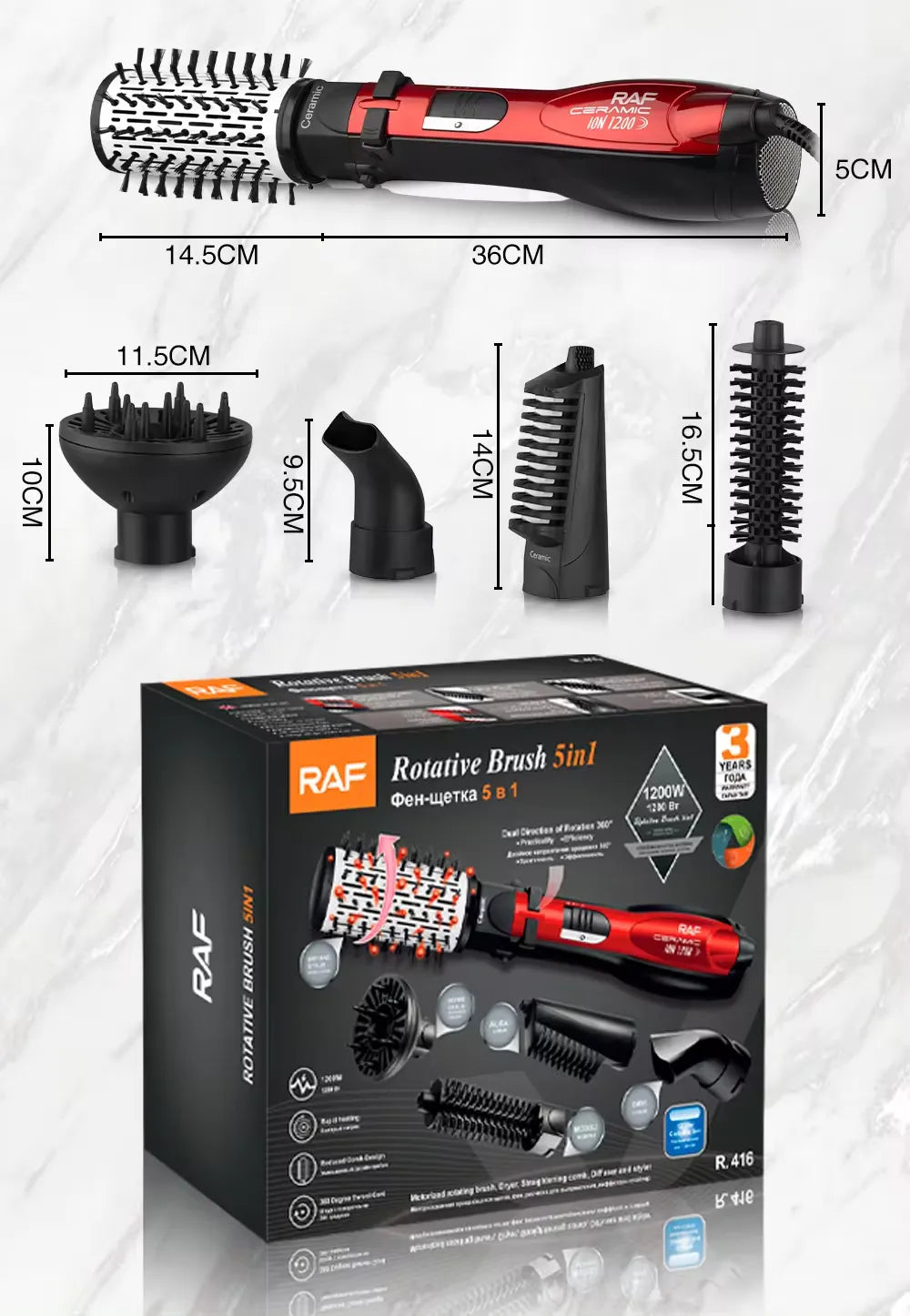 RAF 5-in-1 Multi-Functional Rotative Hair Styling Brush with Hot Air Comb, Straightener, Curler & Volumizer & Diffuser - 1200W