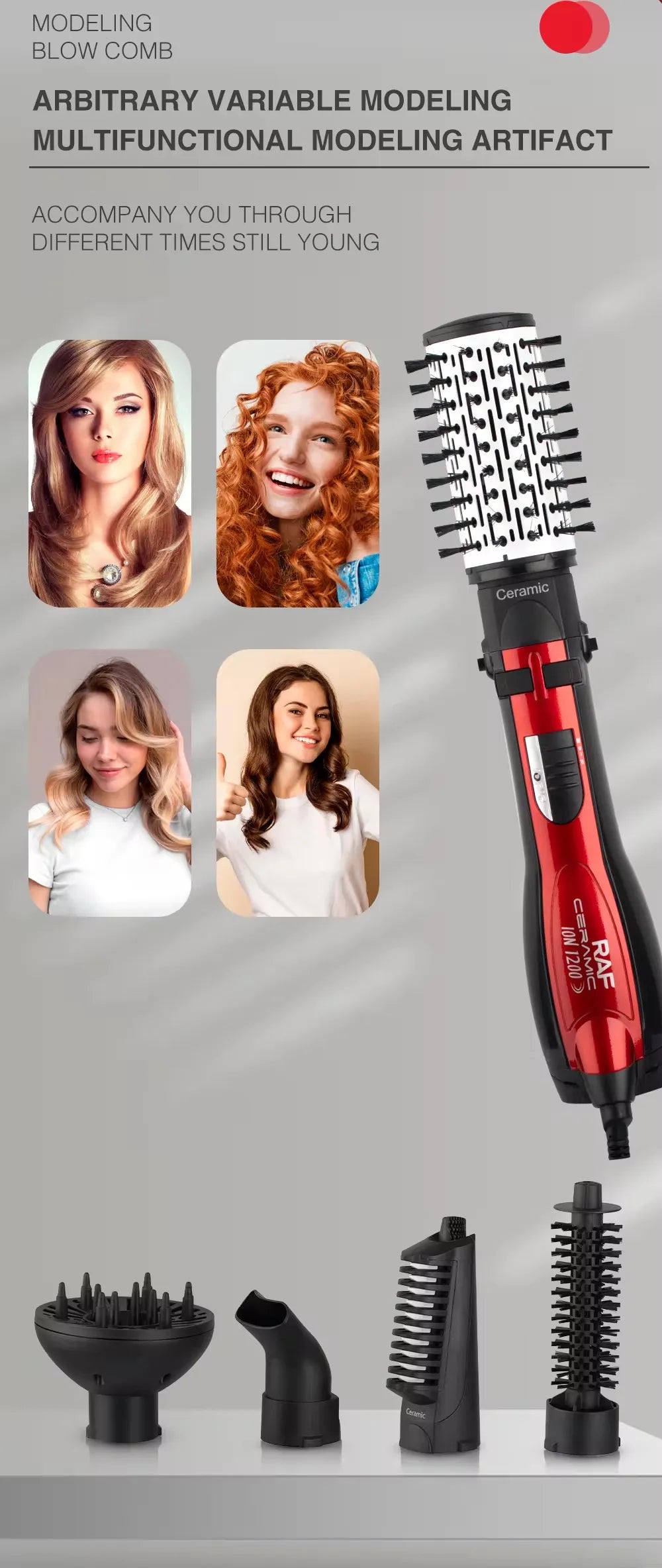 RAF 5-in-1 Multi-Functional Rotative Hair Styling Brush with Hot Air Comb, Straightener, Curler & Volumizer & Diffuser - 1200W
