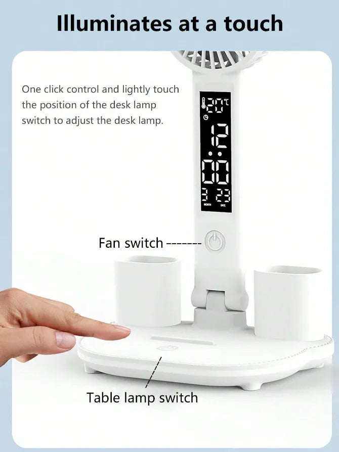 Smart Adjustable LED Desk Lamp with Fan, Touch Control, Time Date & Temperature Display