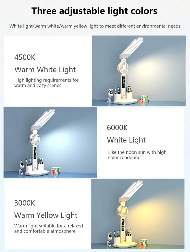 Smart Adjustable LED Desk Lamp with Fan, Touch Control, Time Date & Temperature Display
