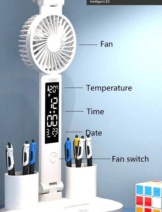 Smart Adjustable LED Desk Lamp with Fan, Touch Control, Time Date & Temperature Display