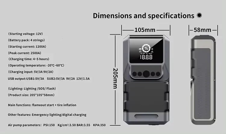 Portable 4-in-1 Car Jump Starter & Air Compressor with Emergency Flashlight & Power Bank - 150PSI Pressure