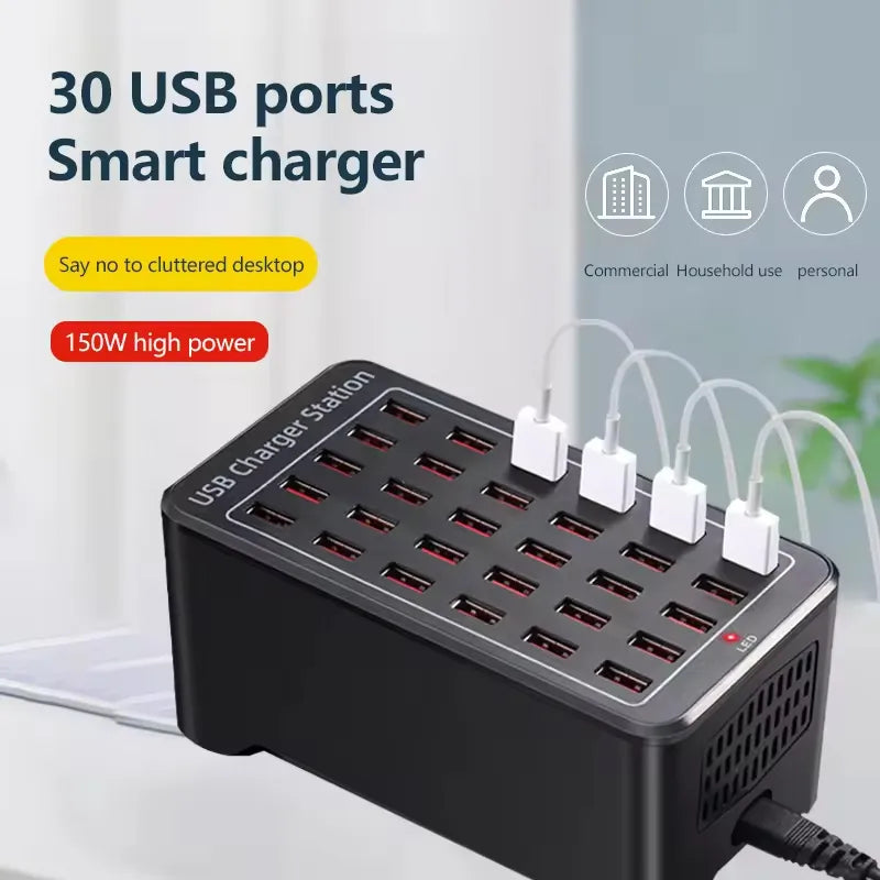 High-Power 30 Ports 150W Multi-Port Fast USB Charging Station for Multipurpose Usage