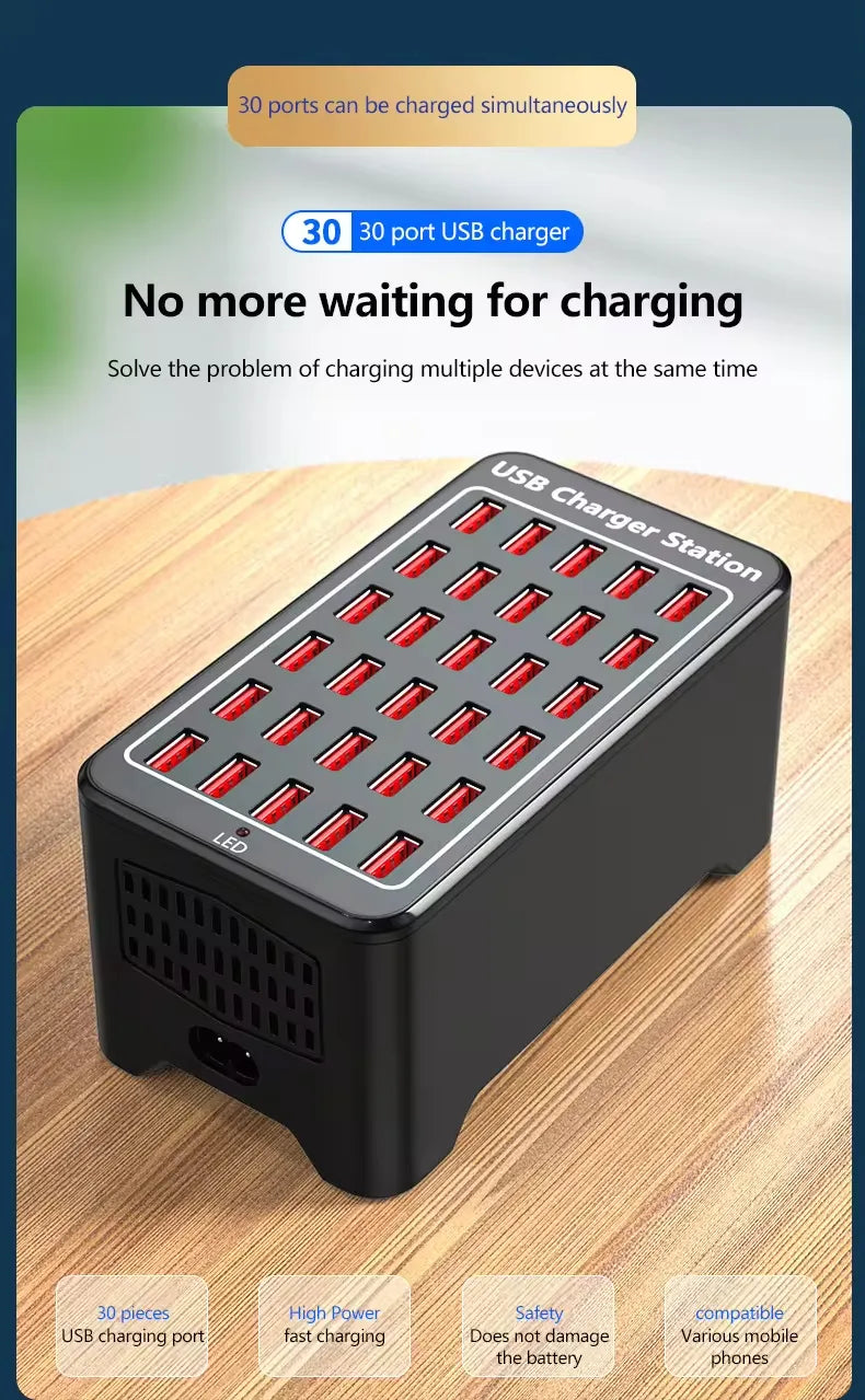 High-Power 30 Ports 150W Multi-Port Fast USB Charging Station for Multipurpose Usage