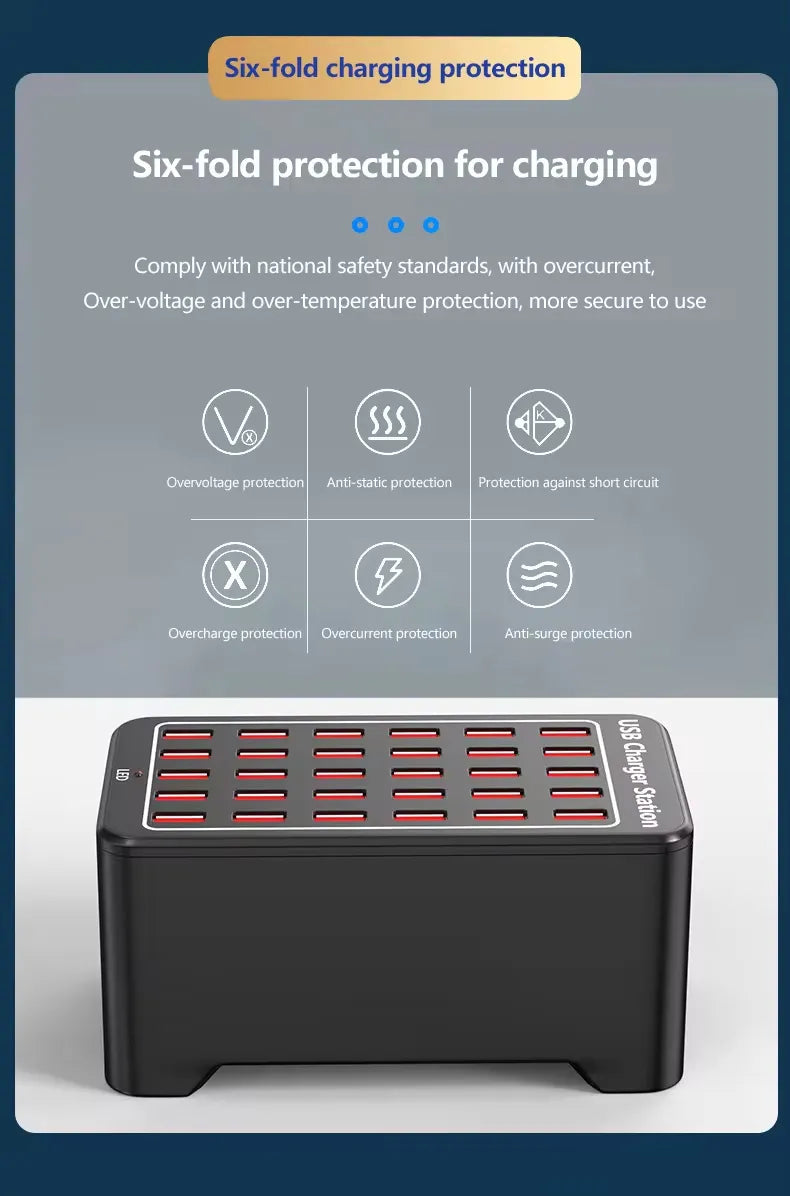 High-Power 30 Ports 150W Multi-Port Fast USB Charging Station for Multipurpose Usage