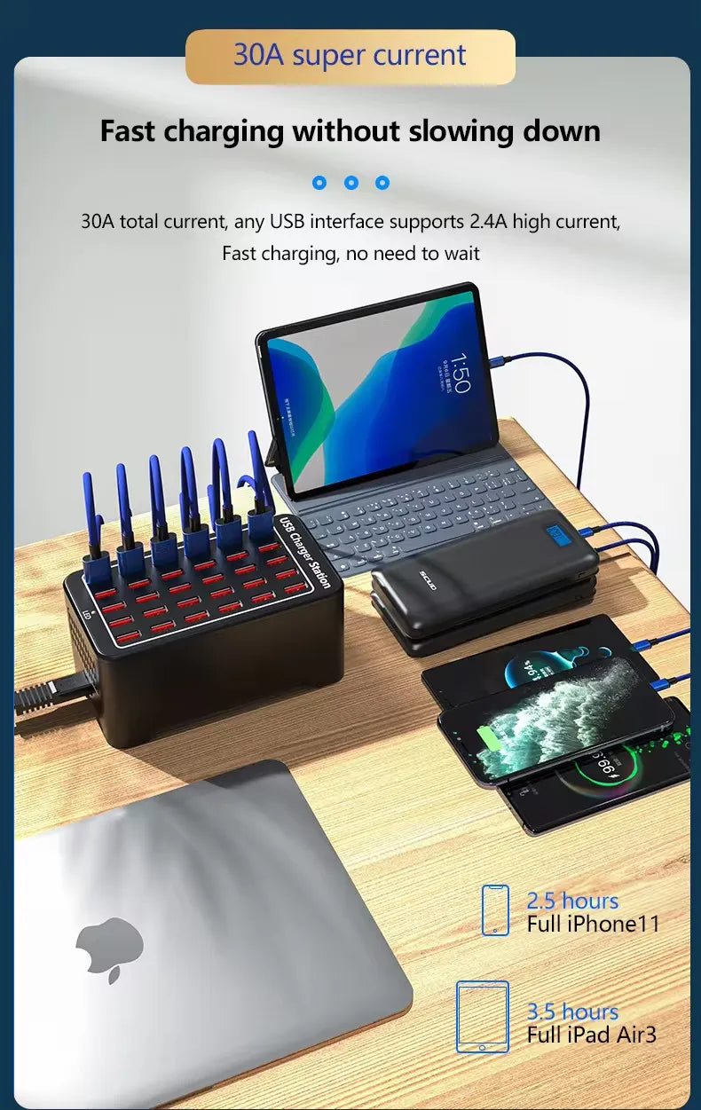 High-Power 30 Ports 150W Multi-Port Fast USB Charging Station for Multipurpose Usage