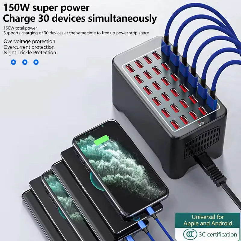 High-Power 30 Ports 150W Multi-Port Fast USB Charging Station for Multipurpose Usage