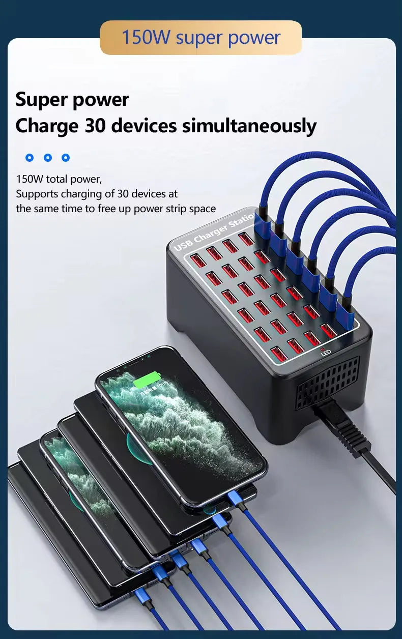 High-Power 30 Ports 150W Multi-Port Fast USB Charging Station for Multipurpose Usage