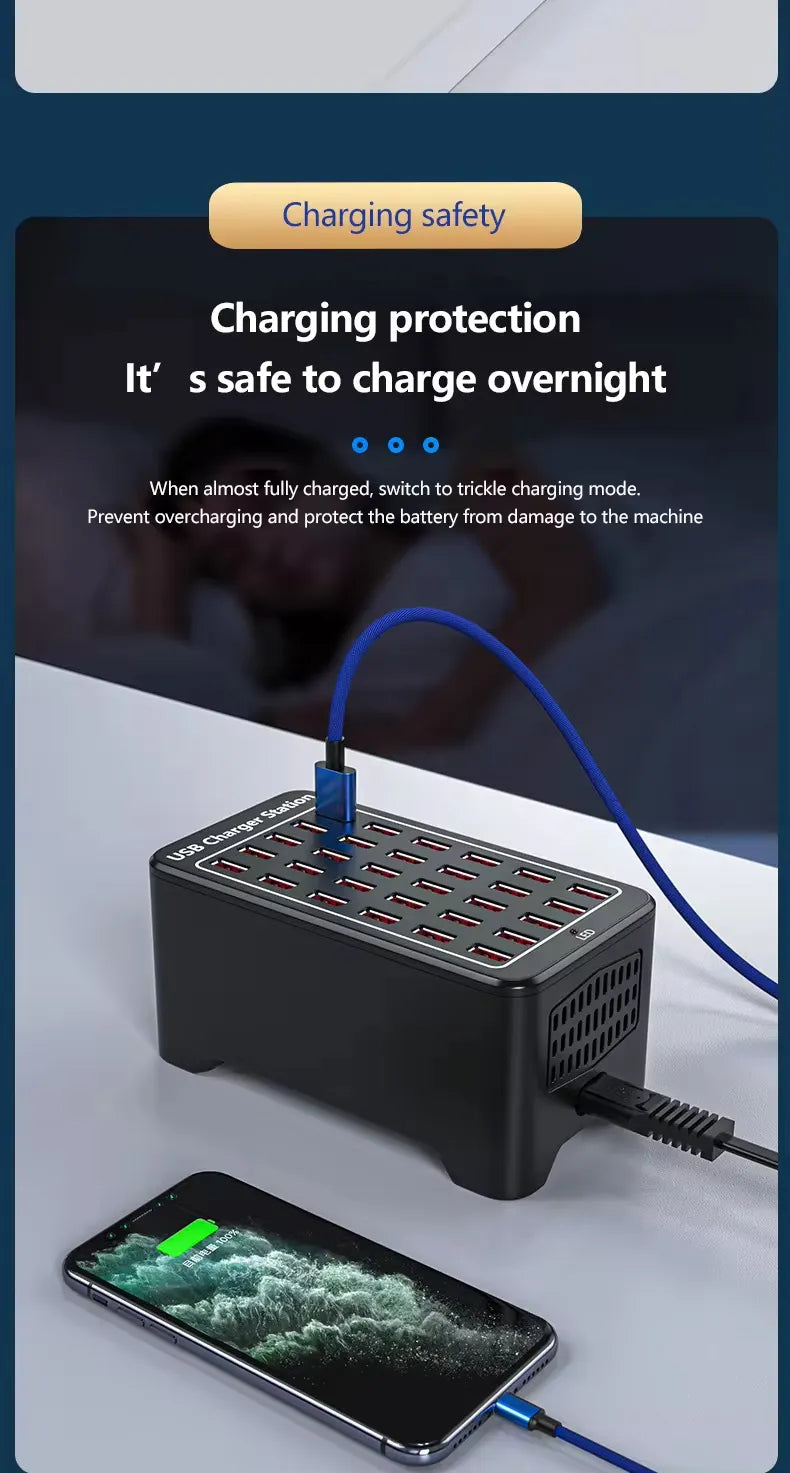 High-Power 30 Ports 150W Multi-Port Fast USB Charging Station for Multipurpose Usage