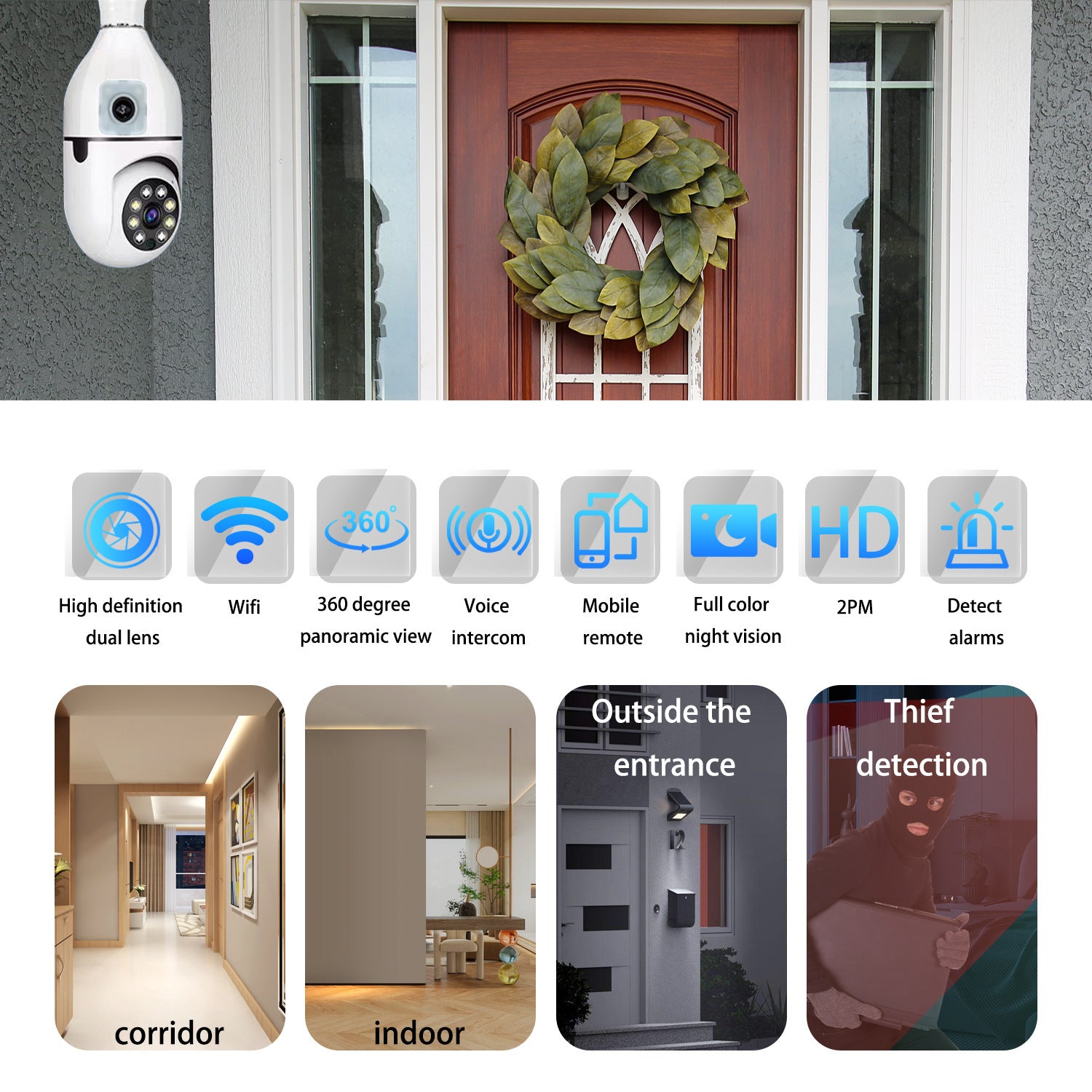 "2MP HD Dual-Lens 360° Panoramic Surveillance Camera with Real-Time 2-Way Talk and Full-Color Night Vision, WiFi Enabled "