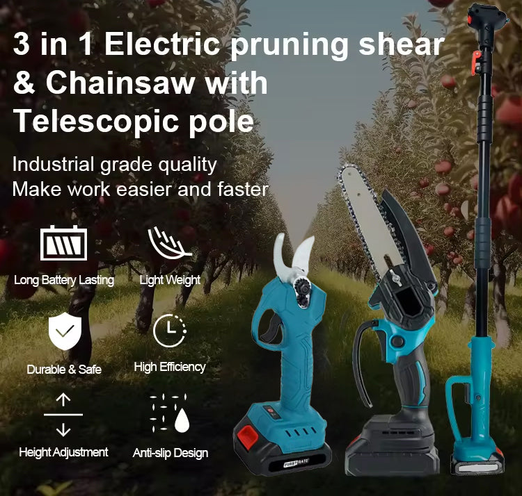 3-in-1 Portable Electric Cordless Pruning Shear & Chainsaw with Telescopic Pole & 2 Batteries
