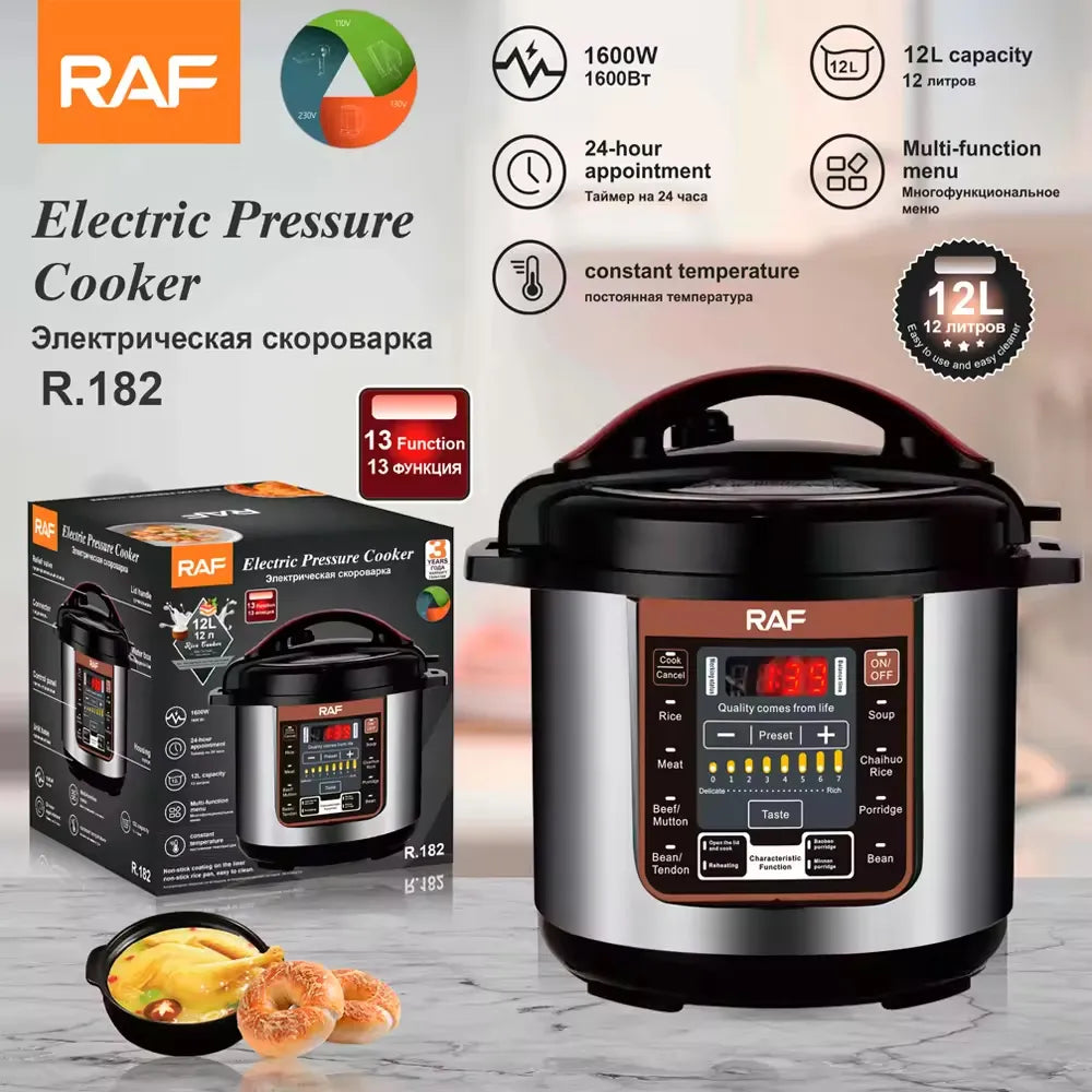 RAF 12L High Capacity Multi-functional Smart Electric Pressure Cooker with Nonstick Aluminum, LED Display and Safety Features - 1600W