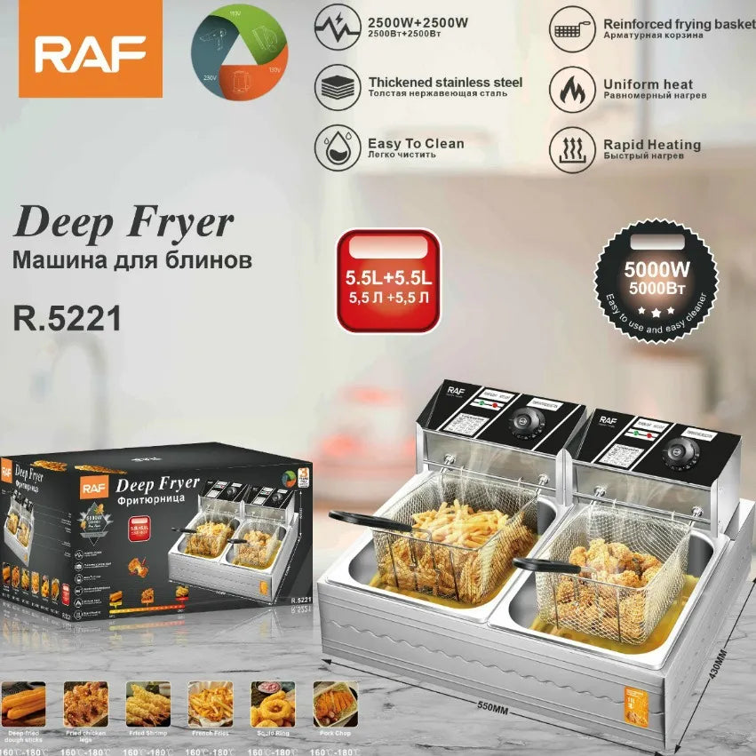 RAF High-Power Rapid Heating Dual-Basket Deep Fryer - 5000W, 5.5L+5.5L Stainless Steel Frying Machine
