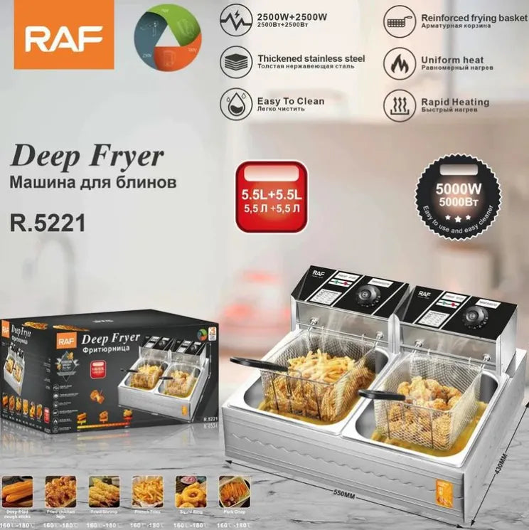 RAF High-Power Rapid Heating Dual-Basket Deep Fryer - 5000W, 5.5L+5.5L Stainless Steel Frying Machine