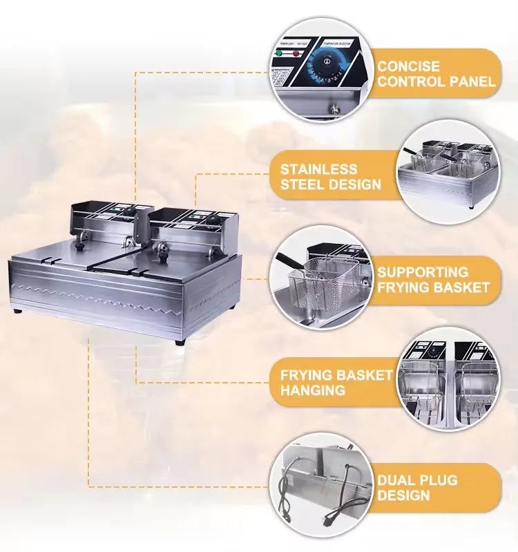 RAF High-Power Rapid Heating Dual-Basket Deep Fryer - 5000W, 5.5L+5.5L Stainless Steel Frying Machine