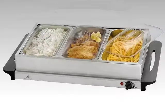 3-Section Electric Buffet Server & Warming Tray with Adjustable Thermostat - 300W