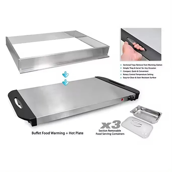 3-Section Electric Buffet Server & Warming Tray with Adjustable Thermostat - 300W