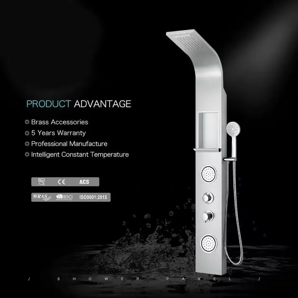 Premium Stainless Steel Shower Panel with Rainfall Shower, Handheld Shower, Body Jets & Storage Shelf