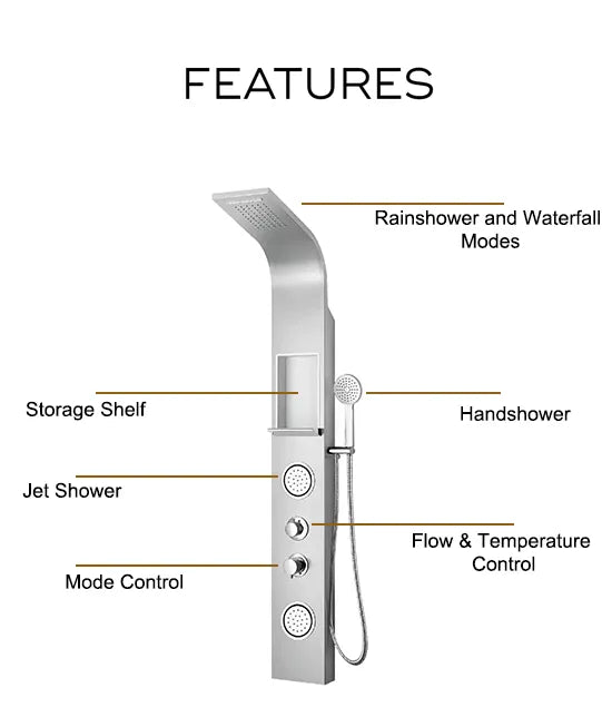 Premium Stainless Steel Shower Panel with Rainfall Shower, Handheld Shower, Body Jets & Storage Shelf
