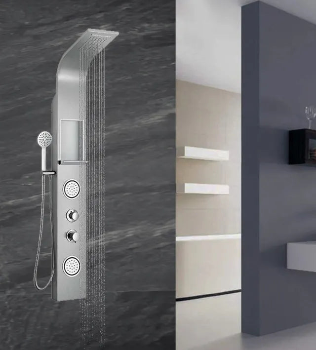 Premium Stainless Steel Shower Panel with Rainfall Shower, Handheld Shower, Body Jets & Storage Shelf