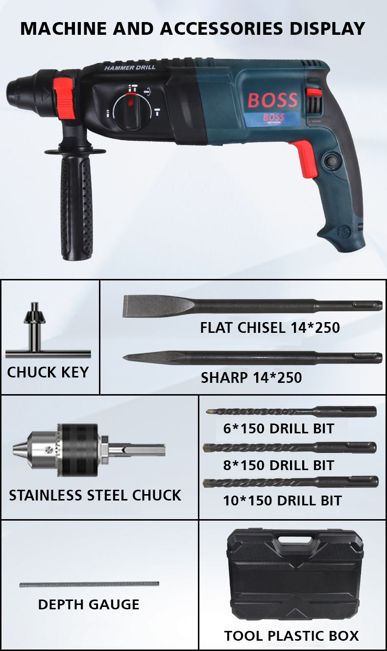 BOSS Triple Mode Rotary Hammer Drill Set with 2200W Power & 1100 RPM with Depth Gauge, Accessory Set & Anti-Vibration Grip