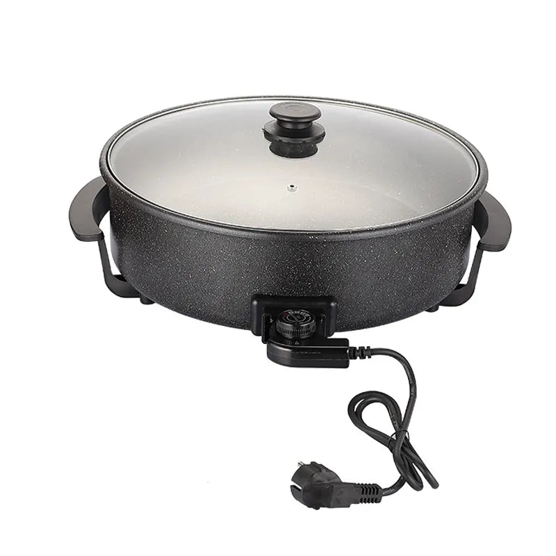 Large 42cm Electric Pizza Pan with 9cm Depth, Non-Stick Coating, Adjustable Thermostat & Glass Lid