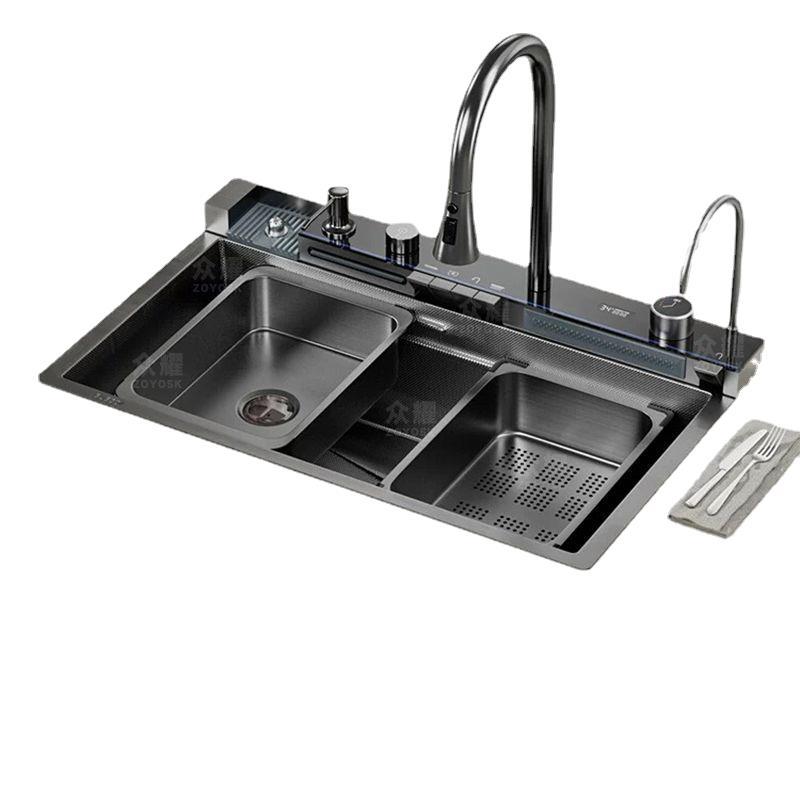 Premium Smart Stainless Steel Kitchen Sink with Waterfall & Pull-Down Faucet, RO Tap, Glass Washer, Draining Baskets, Temperature Display & Controller - 30 x 20 x 10 inch