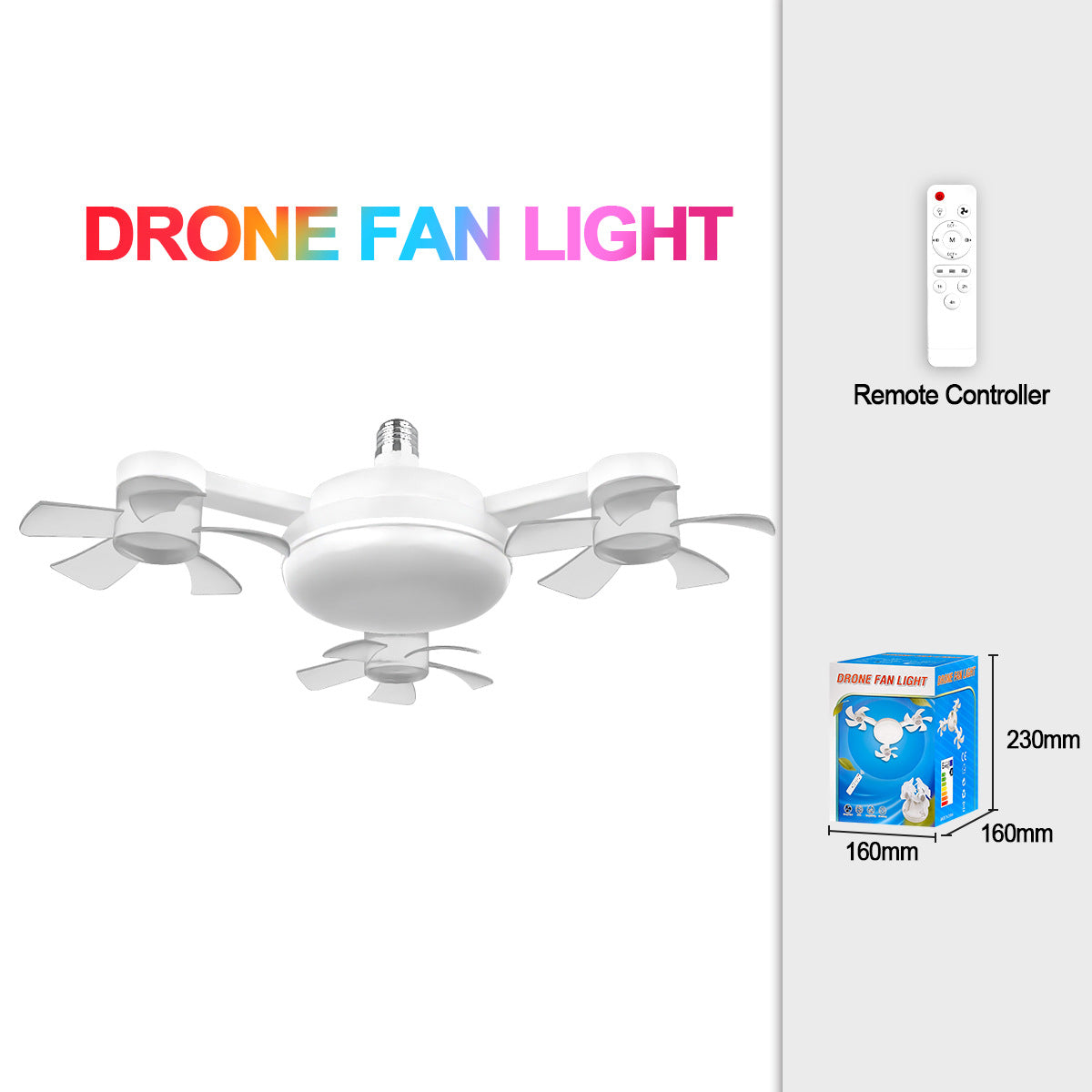Drone Style Triple Head Ceiling Fan & LED Light with E27 Bulb Fit & Remote Control - Strong Wind & Energy Saving for Bedroom, Kitchen & Living Room