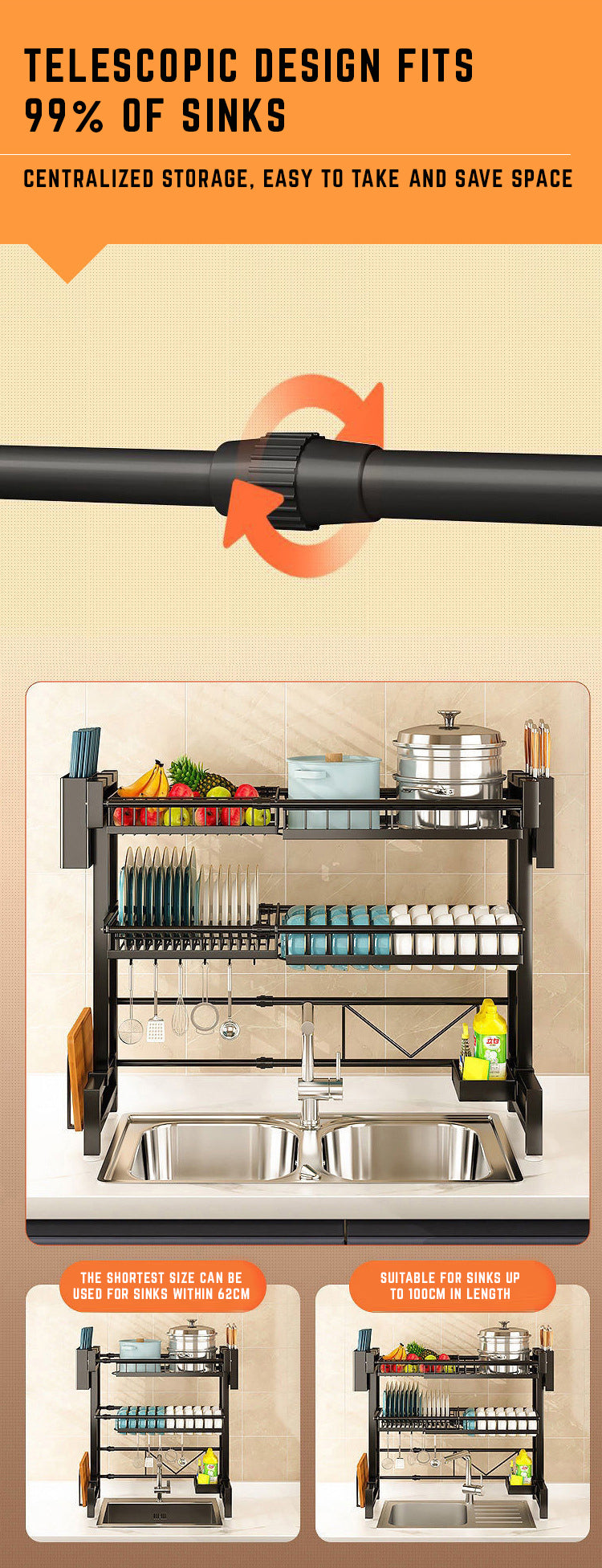Adjustable Over-the-Sink Expandable Dish Drying Rack with Hooks & Cutlery Holder (62cm to 103cm)
