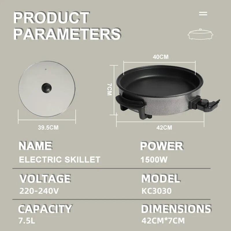 Large 42cm Electric Pizza Pan with 9cm Depth, Non-Stick Coating, Adjustable Thermostat & Glass Lid