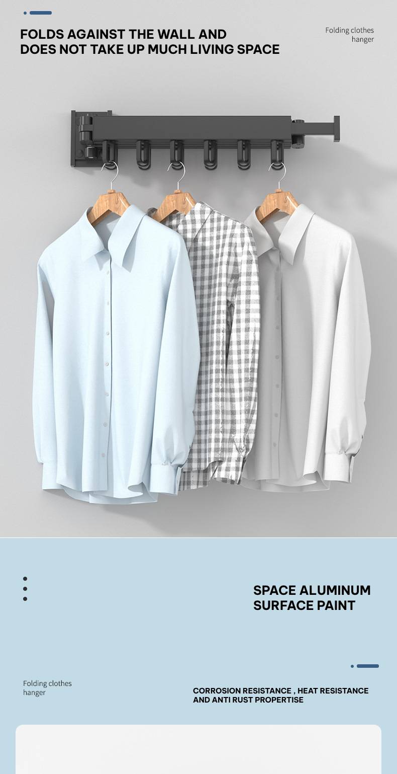 Wall-Mounted Metal Triple Foldable Clothes Drying Rack with Extension Rod, Push-Pull Design, 180° Rotation, and Punch-Free Installation