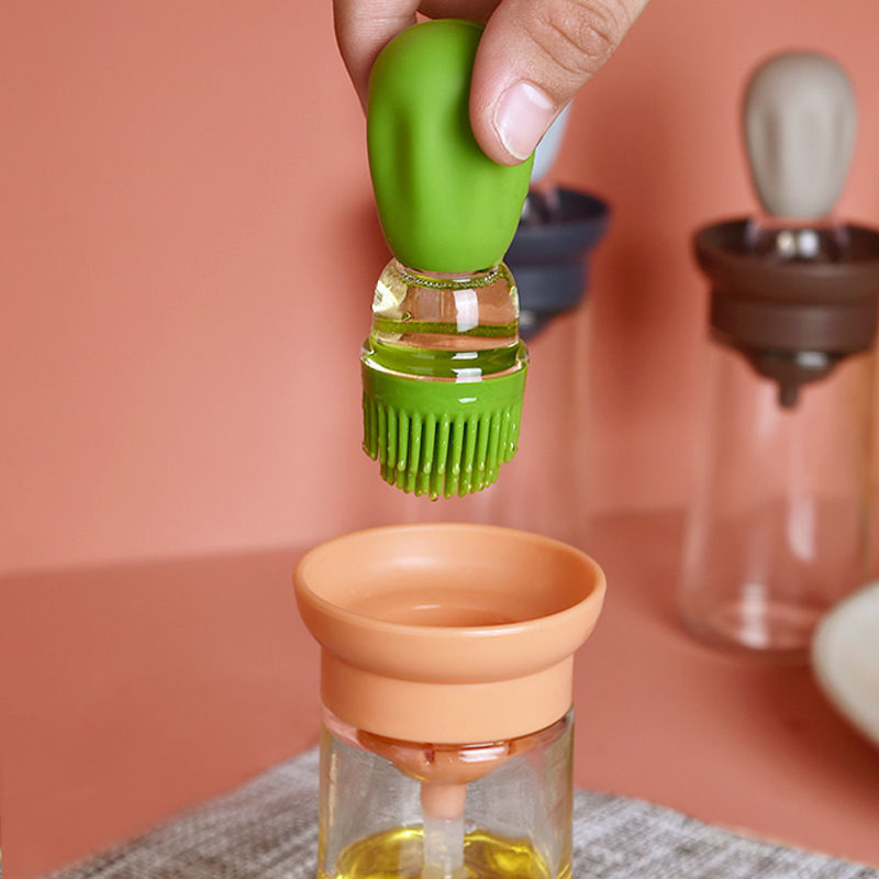 2-in-1 Oil Dispenser Bottle with Silicone Dropper & Brush with Scale and Lid for Accurate Cooking, Baking, Grilling & Basting