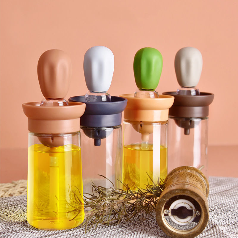 2-in-1 Oil Dispenser Bottle with Silicone Dropper & Brush with Scale and Lid for Accurate Cooking, Baking, Grilling & Basting